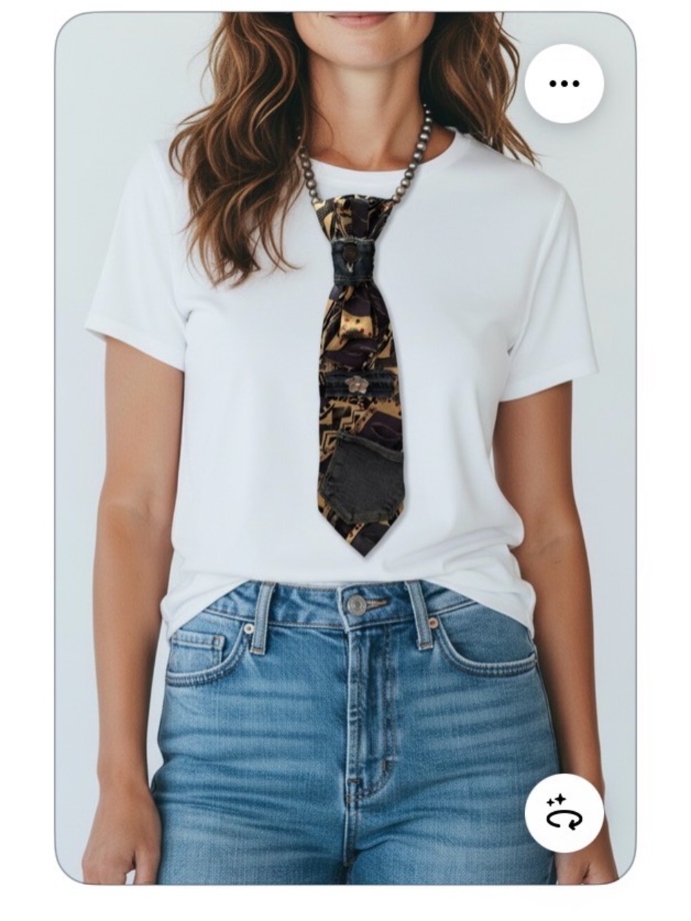 Women's Navy and Beige Patterned Jeans Accent Necklace Tie with Denim Pocket